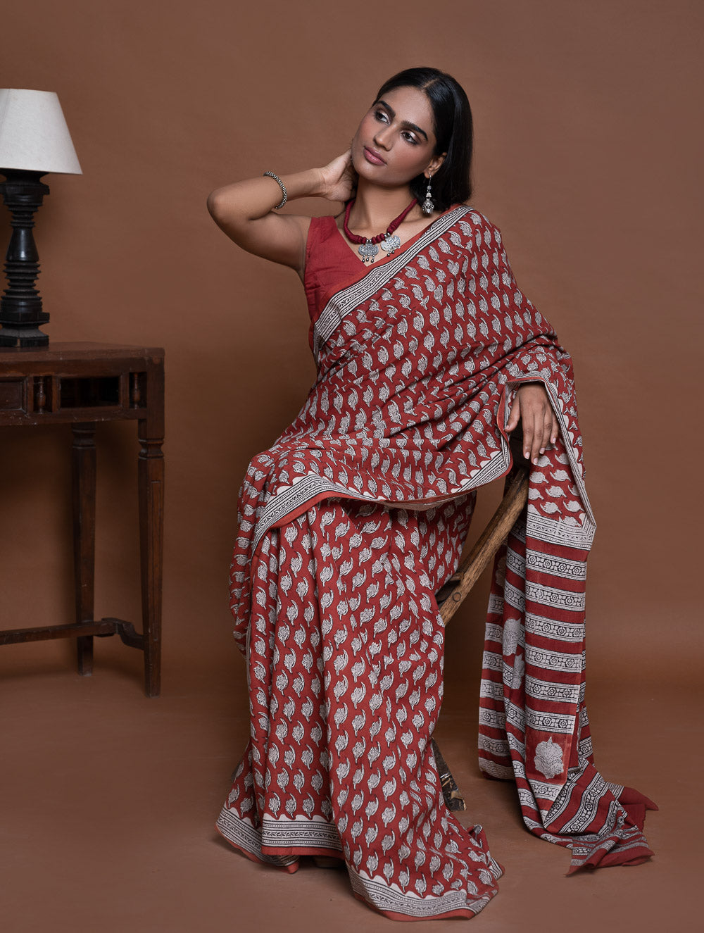 Bagru Statements. Hand Block Printed Mul Cotton Saree - Brick Floret