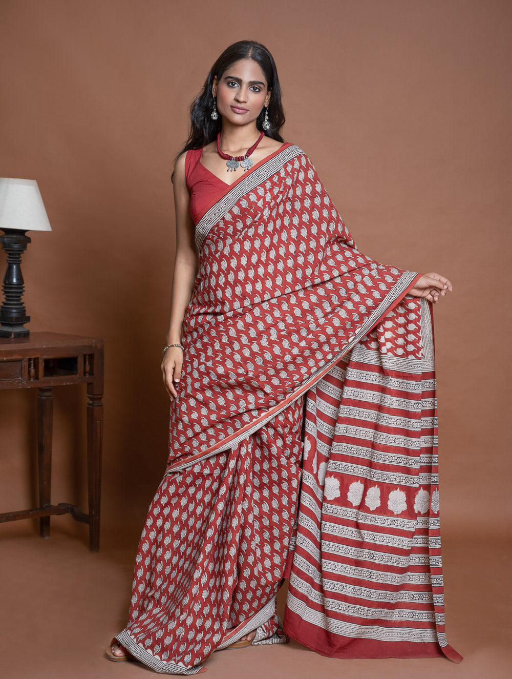 Bagru Statements. Hand Block Printed Mul Cotton Saree - Brick Floret