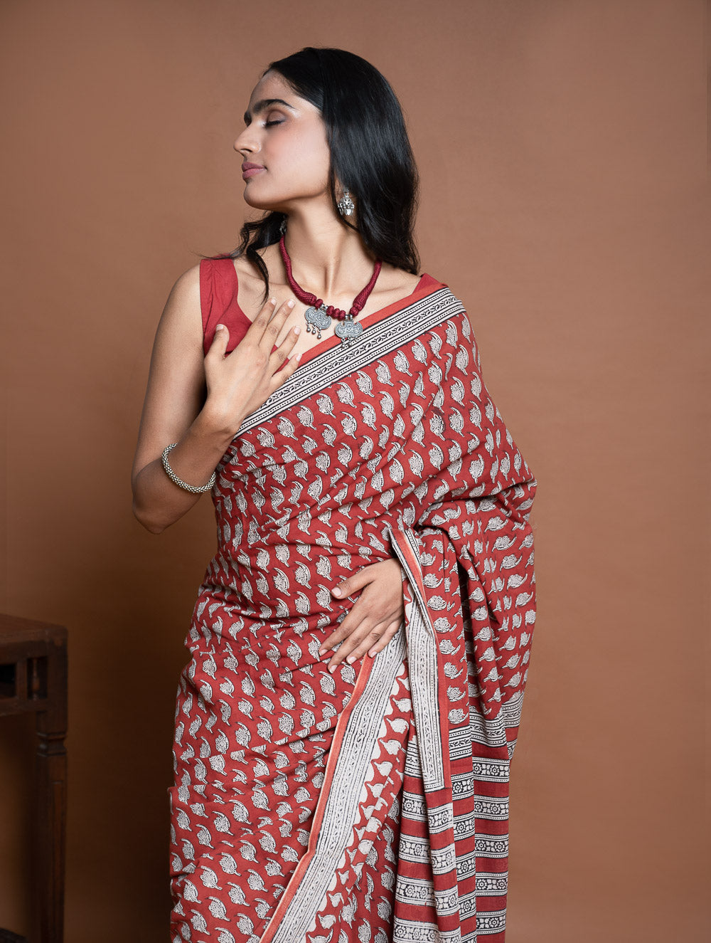 Bagru Statements. Hand Block Printed Mul Cotton Saree - Brick Floret