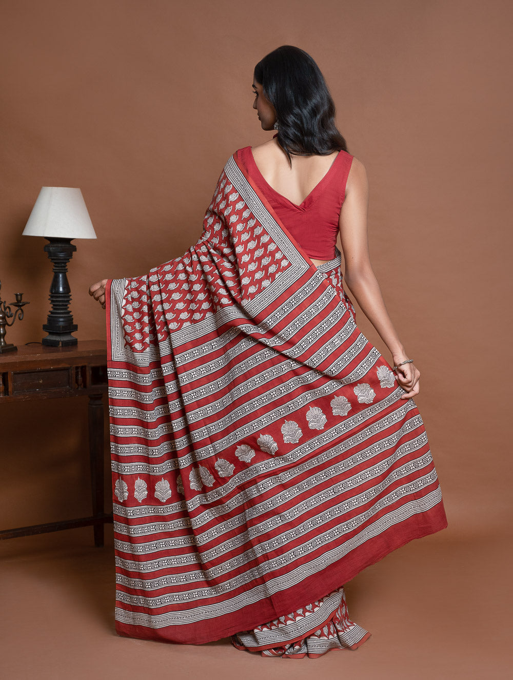 Bagru Statements. Hand Block Printed Mul Cotton Saree - Brick Floret