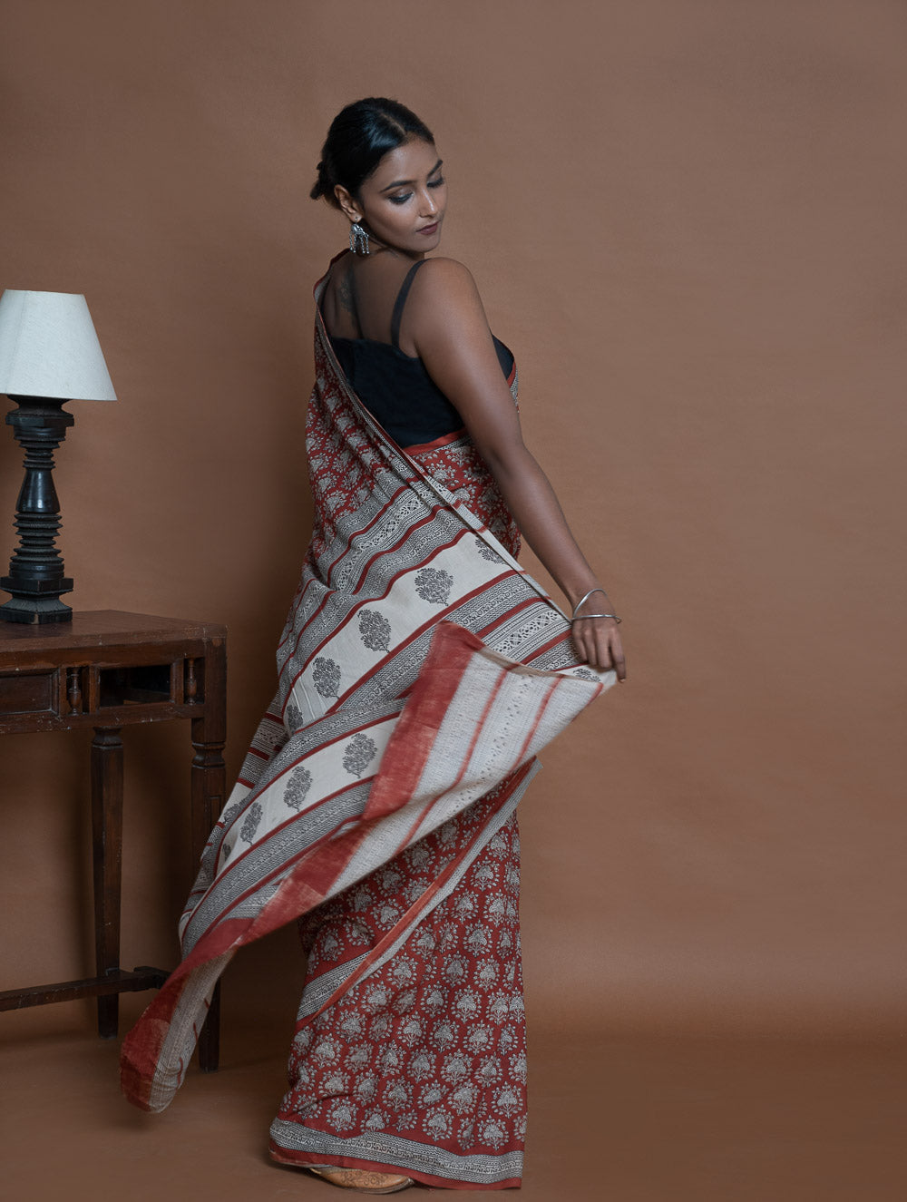 Bagru Statements. Hand Block Printed Mul Cotton Saree - Brick Ornate