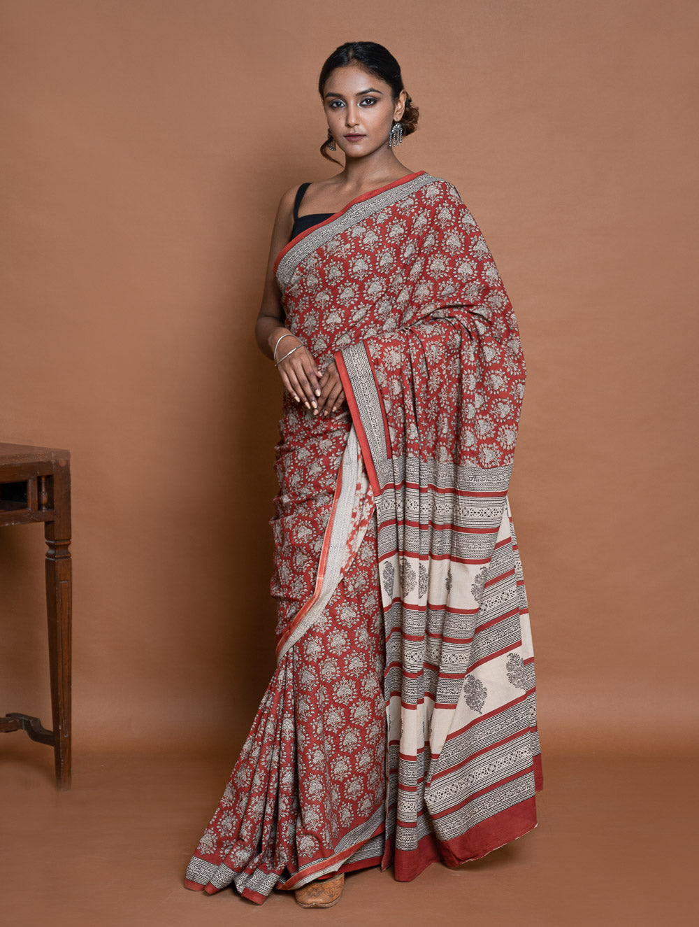 Bagru Statements. Hand Block Printed Mul Cotton Saree - Brick Ornate