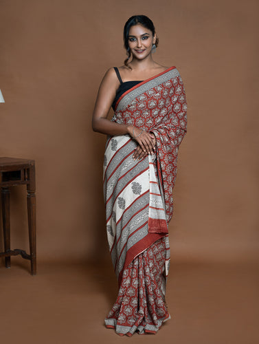 Bagru Statements. Hand Block Printed Mul Cotton Saree - Brick Ornate