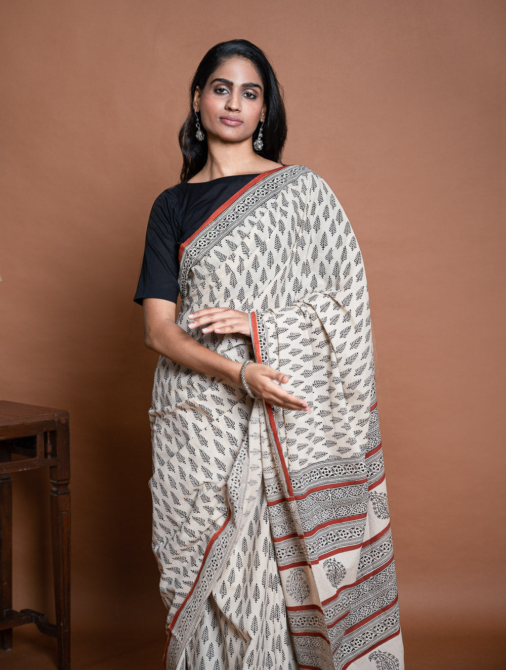 Bagru Statements. Hand Block Printed Mul Cotton Saree - Cream Leaf
