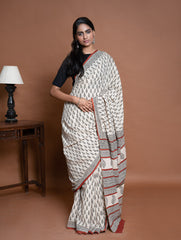 Bagru Statements. Hand Block Printed Mul Cotton Saree - Cream Leaf