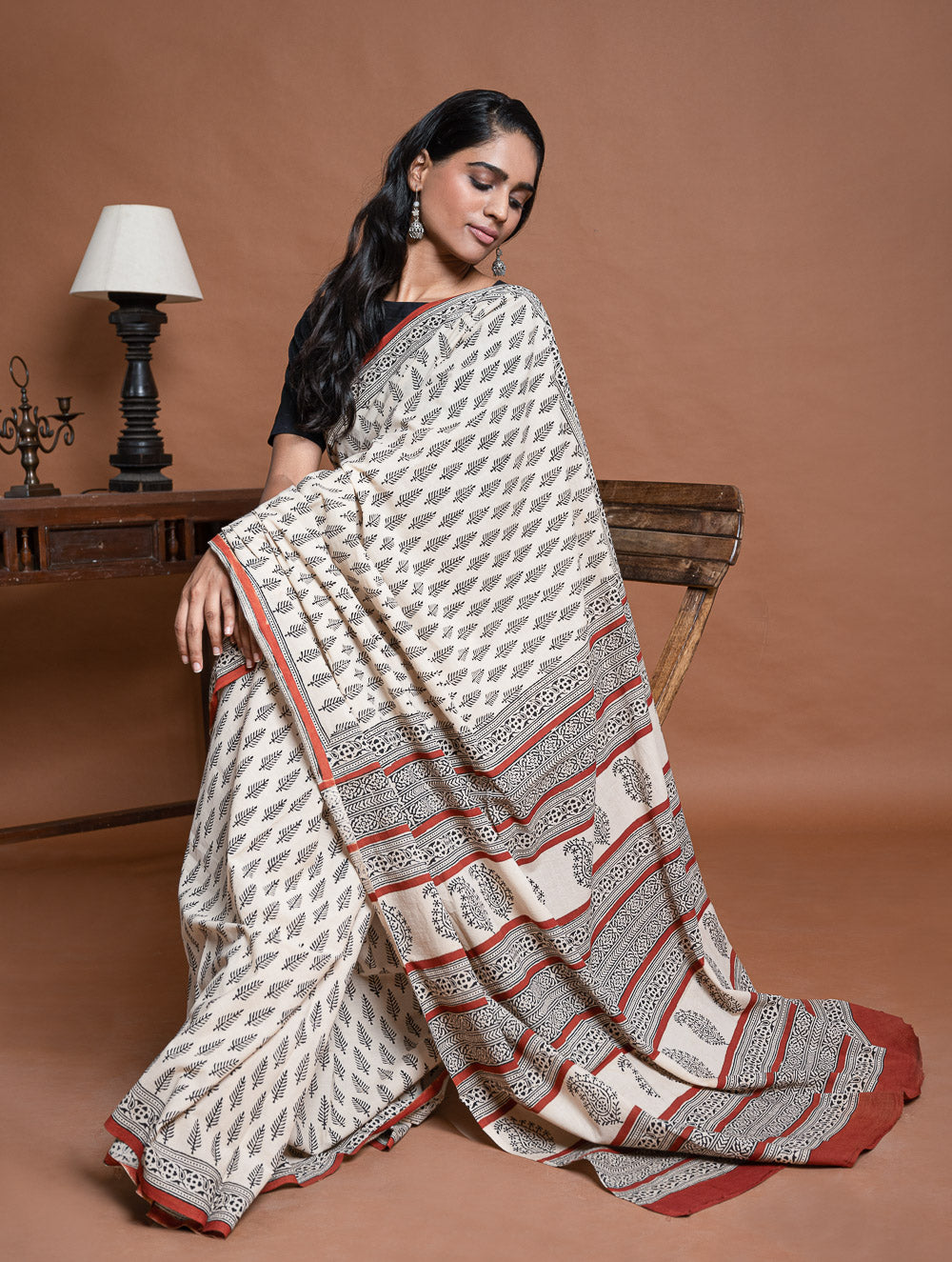 Bagru Statements. Hand Block Printed Mul Cotton Saree - Cream Leaf