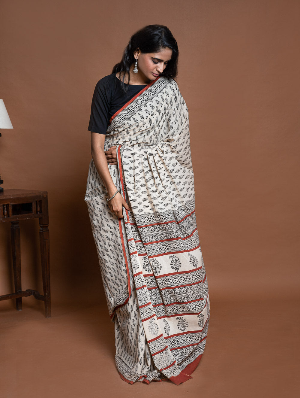 Bagru Statements. Hand Block Printed Mul Cotton Saree - Cream Leaf
