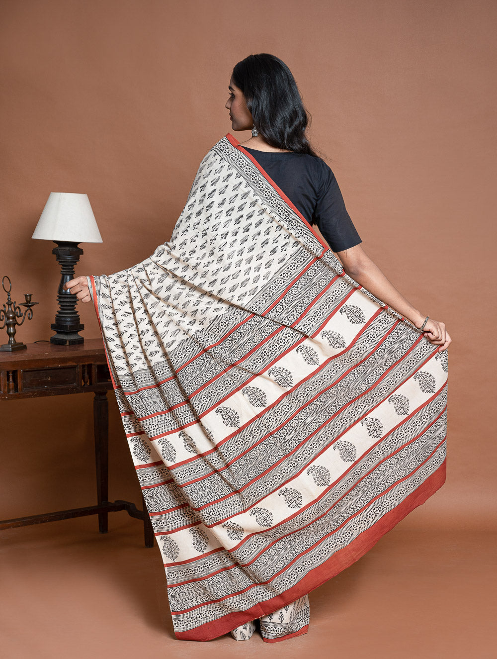 Bagru Statements. Hand Block Printed Mul Cotton Saree - Cream Leaf