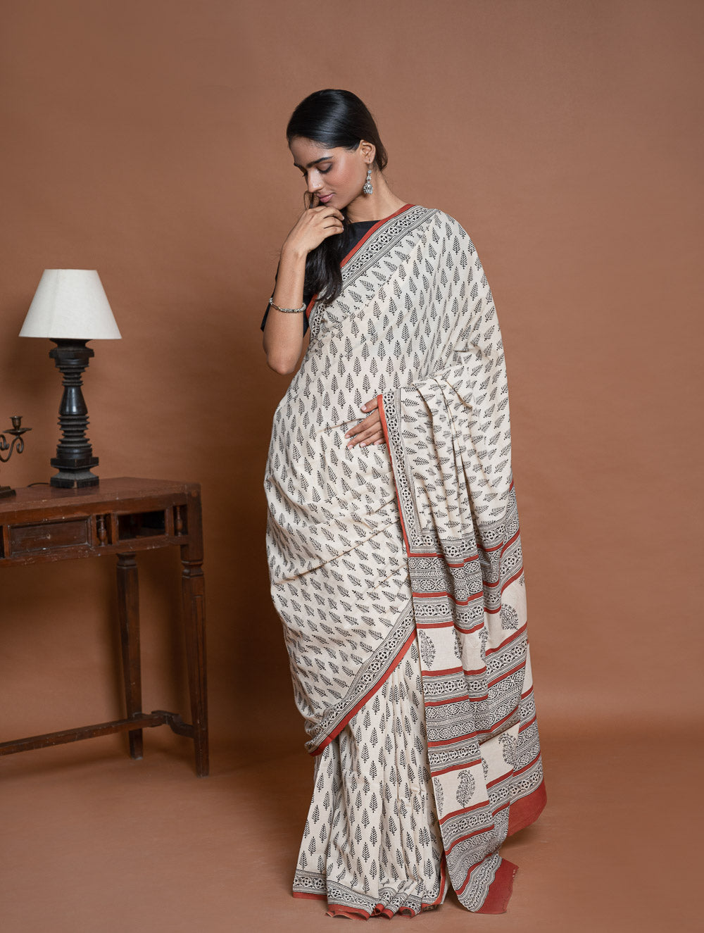 Bagru Statements. Hand Block Printed Mul Cotton Saree - Cream Leaf