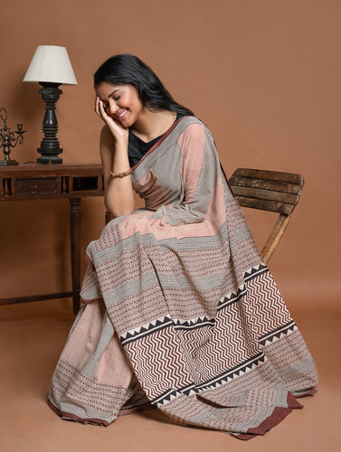 Bagru Statements. Hand Block Printed Mul Cotton Saree - Geometrics