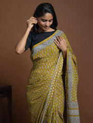 Bagru Statements. Hand Block Printed Mul Cotton Saree - Ochre Flora