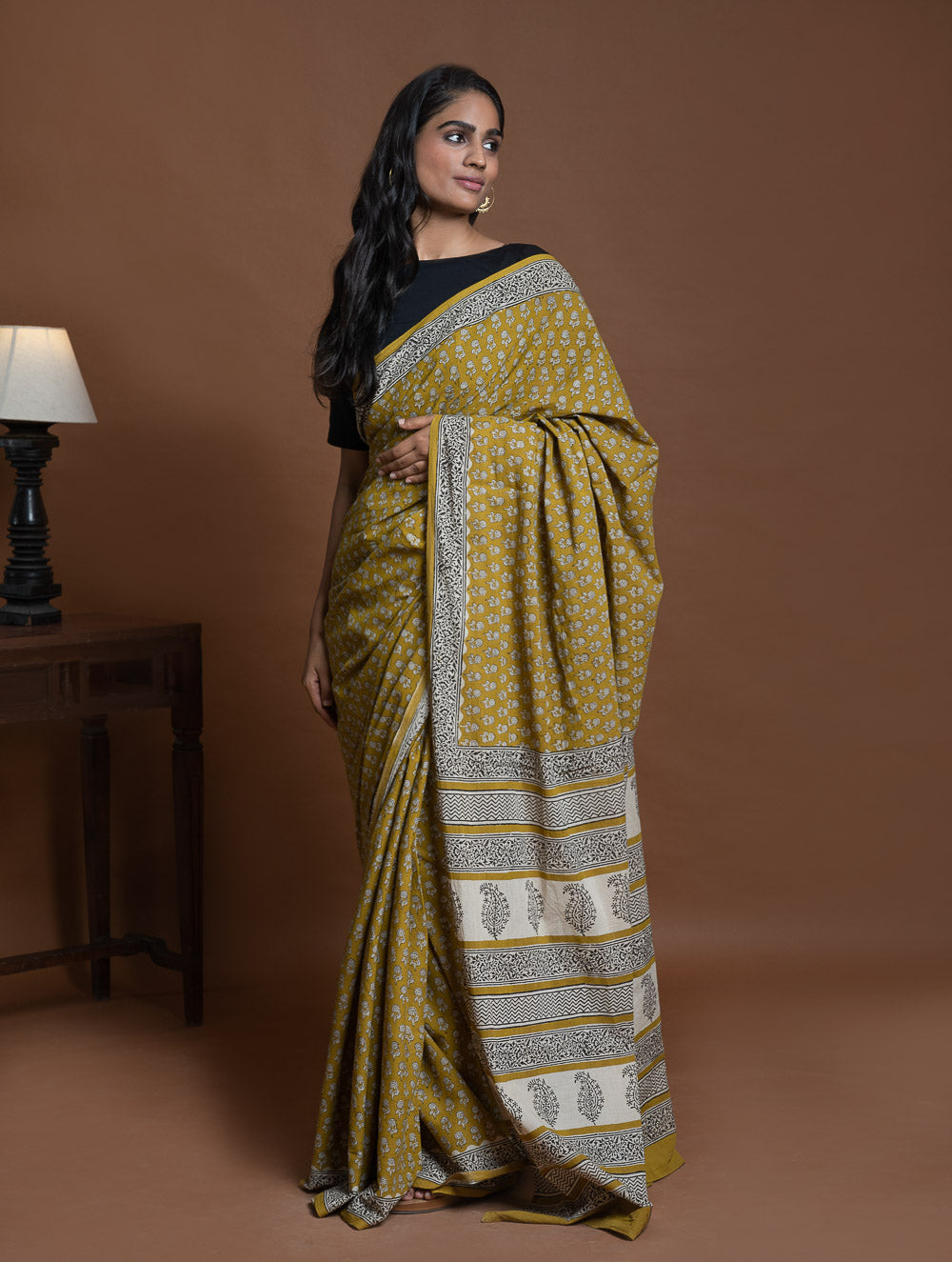 Bagru Statements. Hand Block Printed Mul Cotton Saree - Ochre Flora