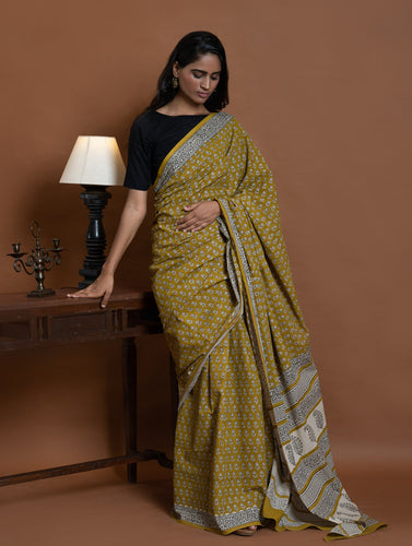 Bagru Statements. Hand Block Printed Mul Cotton Saree - Ochre Flora