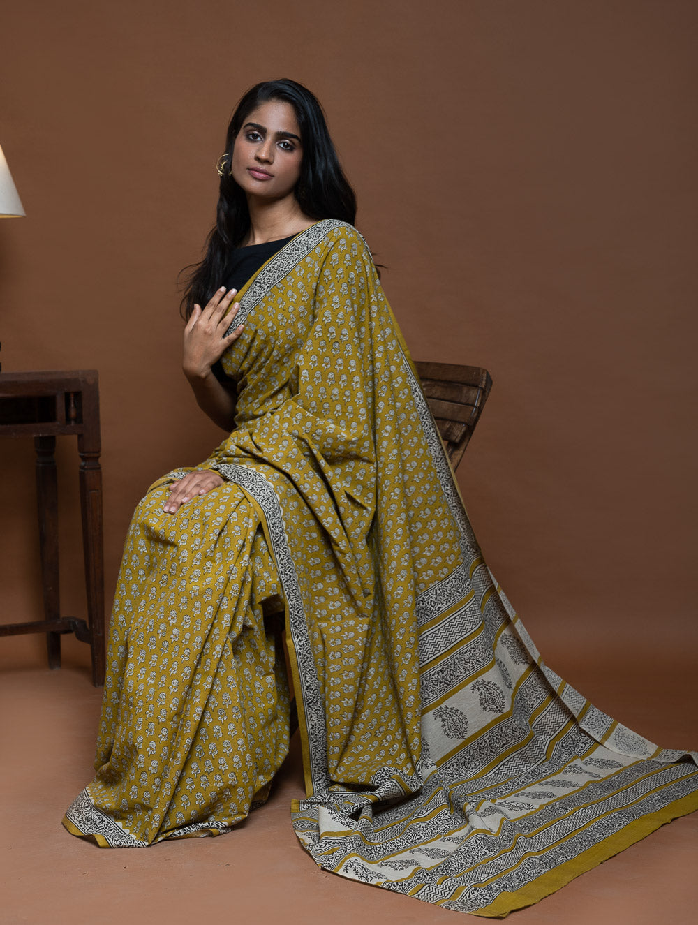 Bagru Statements. Hand Block Printed Mul Cotton Saree - Ochre Flora