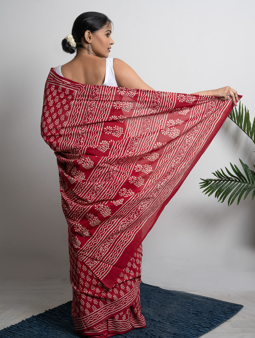 Bagru Statements. Hand Block Printed Mul Cotton Saree - Red Flora