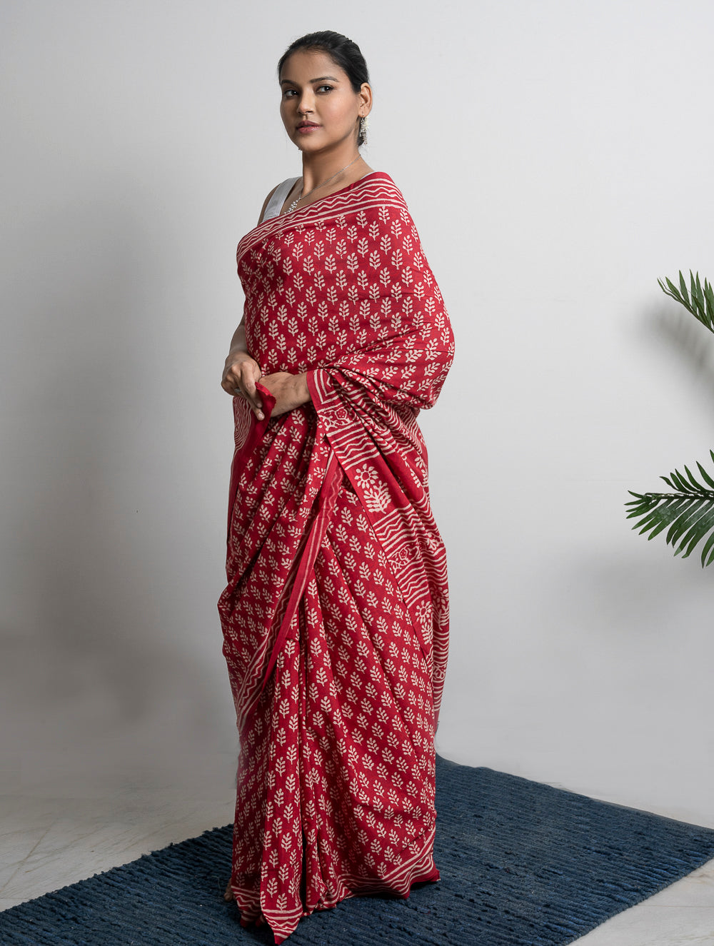 Bagru Statements. Hand Block Printed Mul Cotton Saree - Red Flora