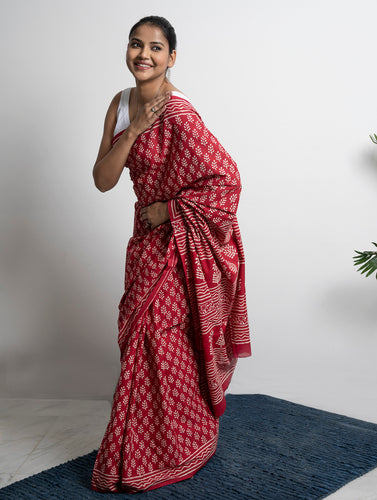 Bagru Statements. Hand Block Printed Mul Cotton Saree - Red Flora