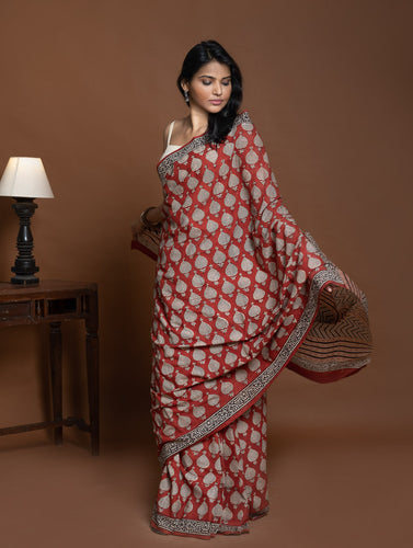 Bagru Statements. Hand Block Printed Mul Cotton Saree - Red Ornate