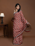 Bagru Statements. Hand Block Printed Mul Cotton Saree - Red Ornate