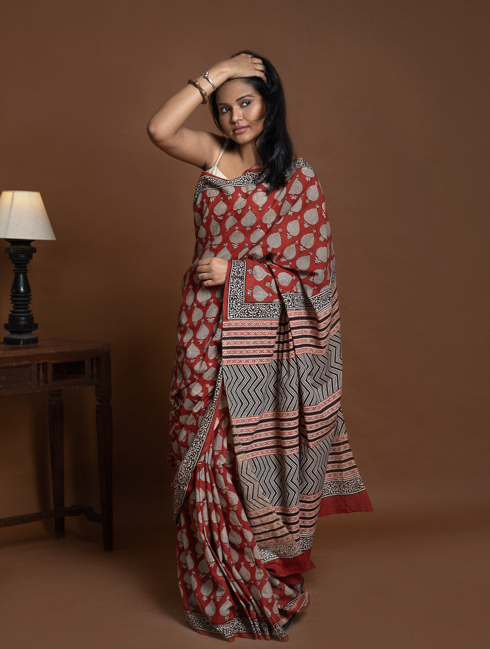 Bagru Statements. Hand Block Printed Mul Cotton Saree - Red Ornate