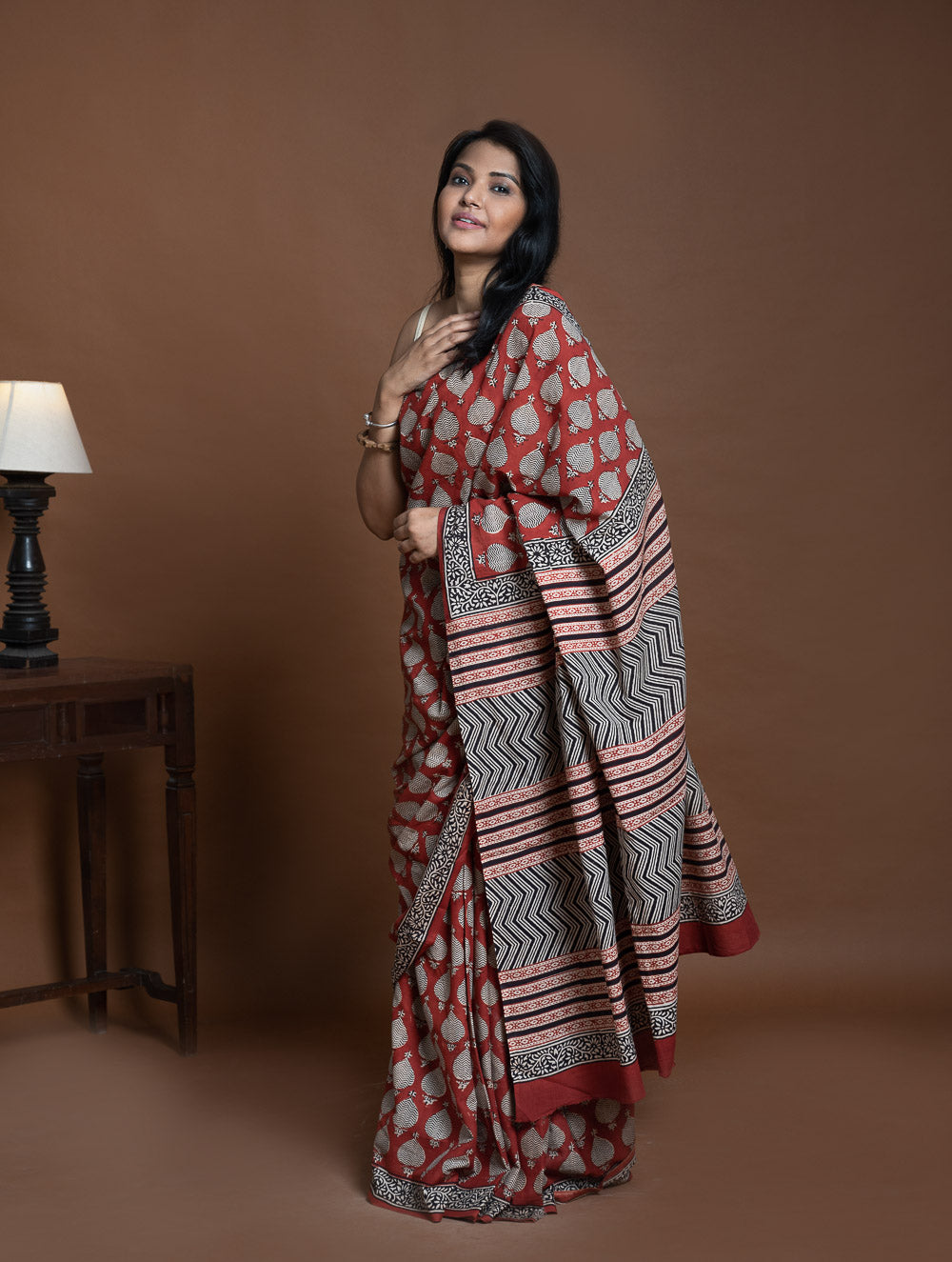 Bagru Statements. Hand Block Printed Mul Cotton Saree - Red Ornate