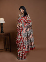 Bagru Statements. Hand Block Printed Mul Cotton Saree - Red Ornate