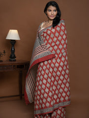 Bagru Statements. Hand Block Printed Mul Cotton Saree - Red Ornate