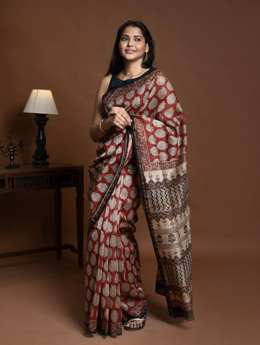 Chanderi Elegance. Bagru Hand Block Printed Saree - Deep Red Floral