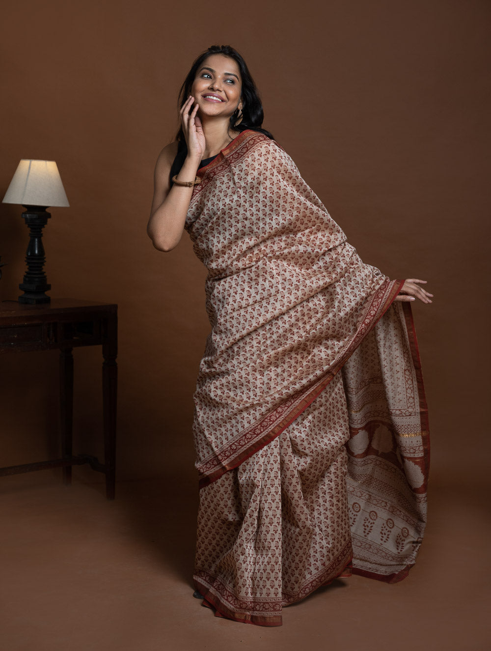 Chanderi Elegance. Bagru Hand Block Printed Saree - Deep Red Florets