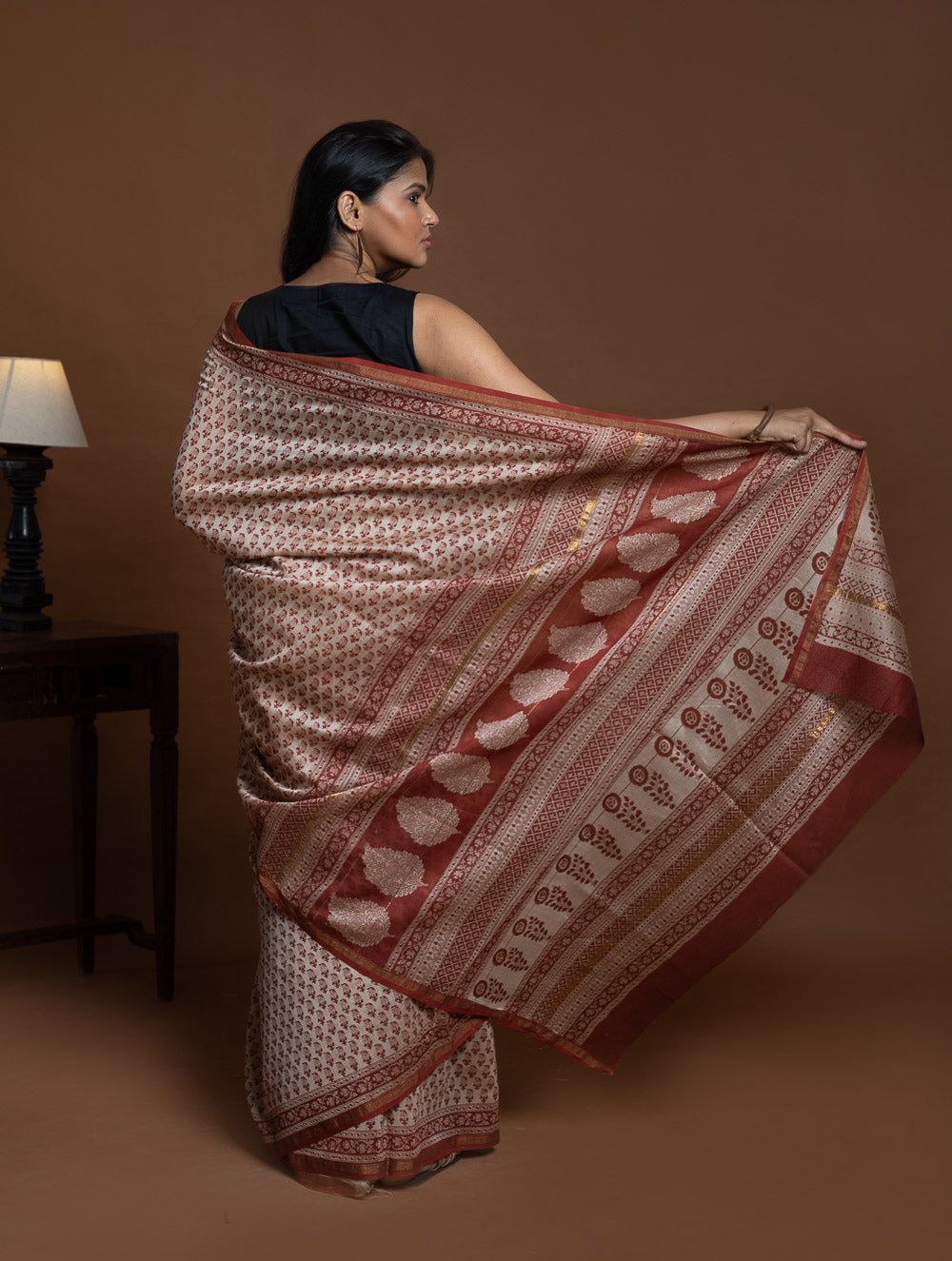 Chanderi Elegance. Bagru Hand Block Printed Saree - Deep Red Florets