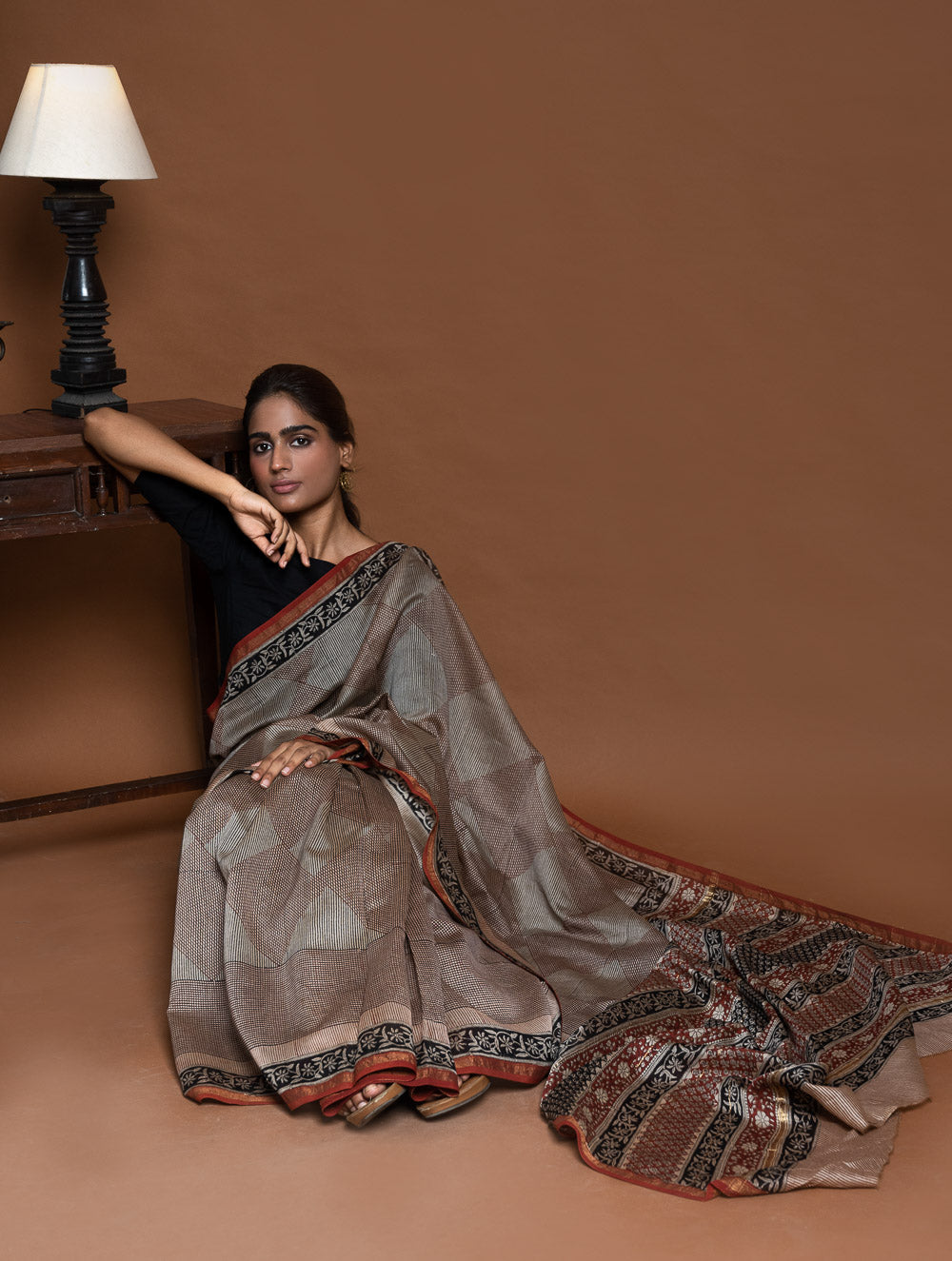 Chanderi Elegance. Bagru Hand Block Printed Saree  - Geometrics
