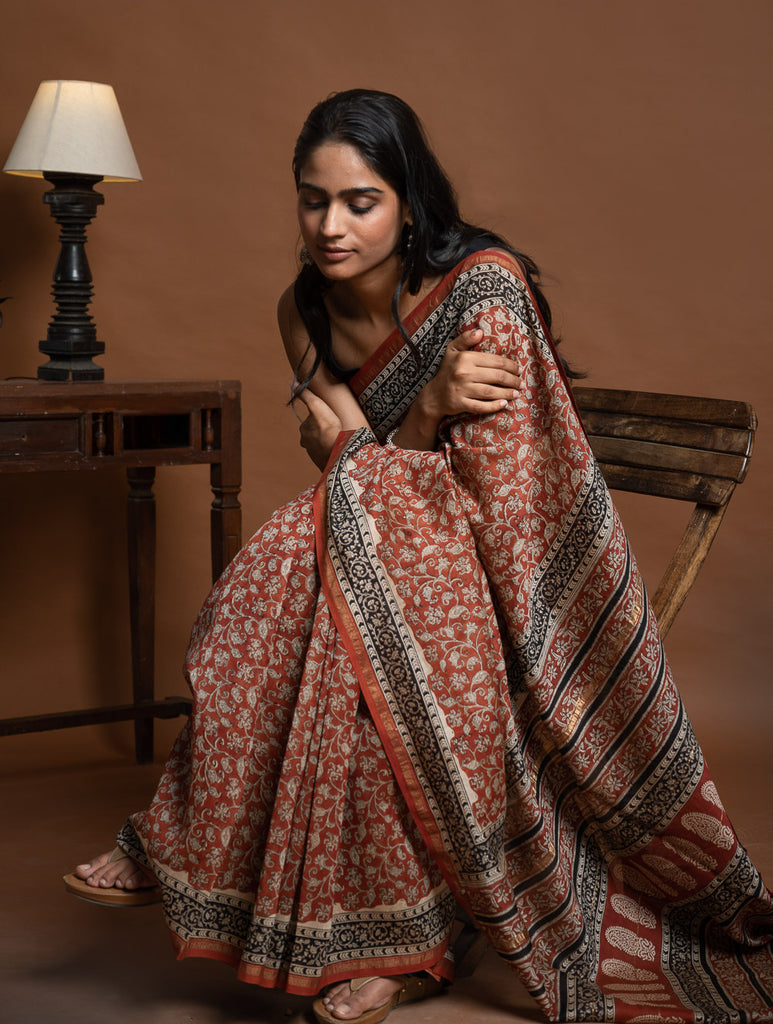 Chanderi Elegance. Bagru Hand Block Printed Saree  - Red Jaal