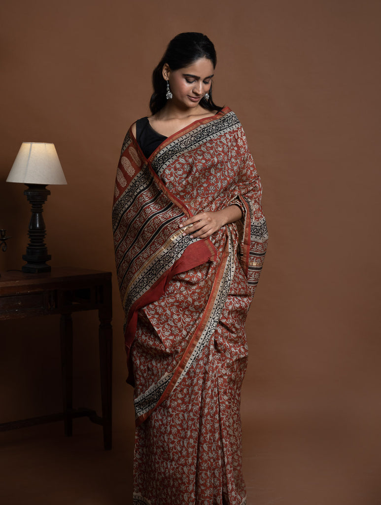 Chanderi Elegance. Bagru Hand Block Printed Saree  - Red Jaal