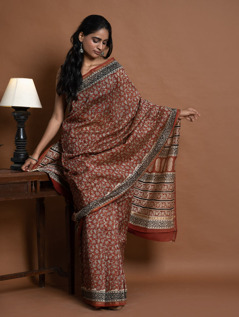 Chanderi Elegance. Bagru Hand Block Printed Saree  - Red Jaal