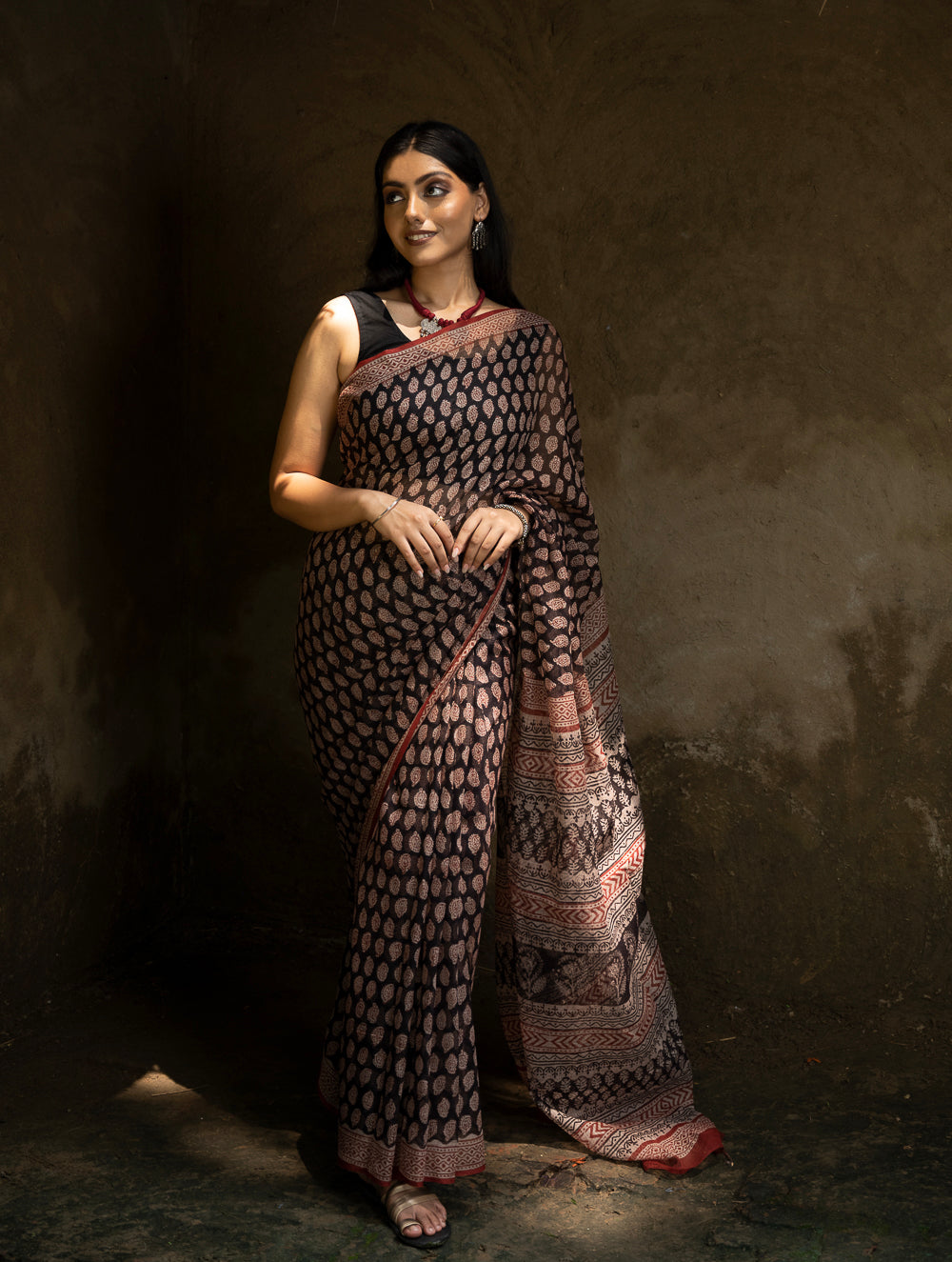 Classic Appeal. Bagru Hand Block Printed Kota Doria Saree - Black Ornate