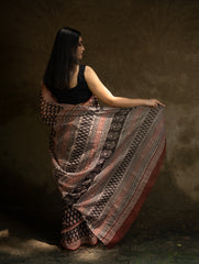 Classic Appeal. Bagru Hand Block Printed Kota Doria Saree - Black Ornate
