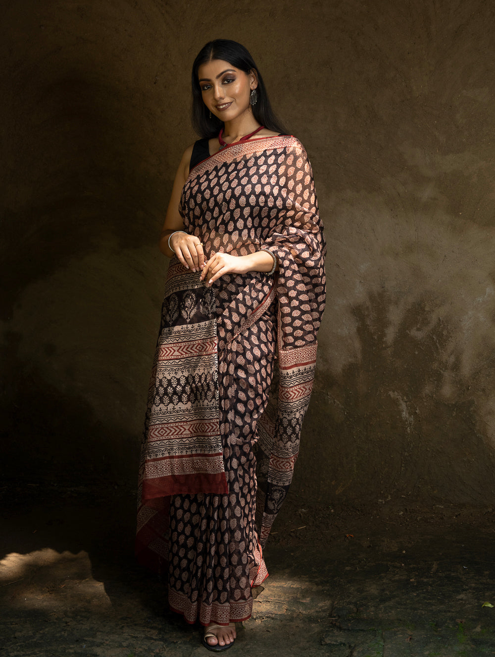 Classic Appeal. Bagru Hand Block Printed Kota Doria Saree - Black Ornate