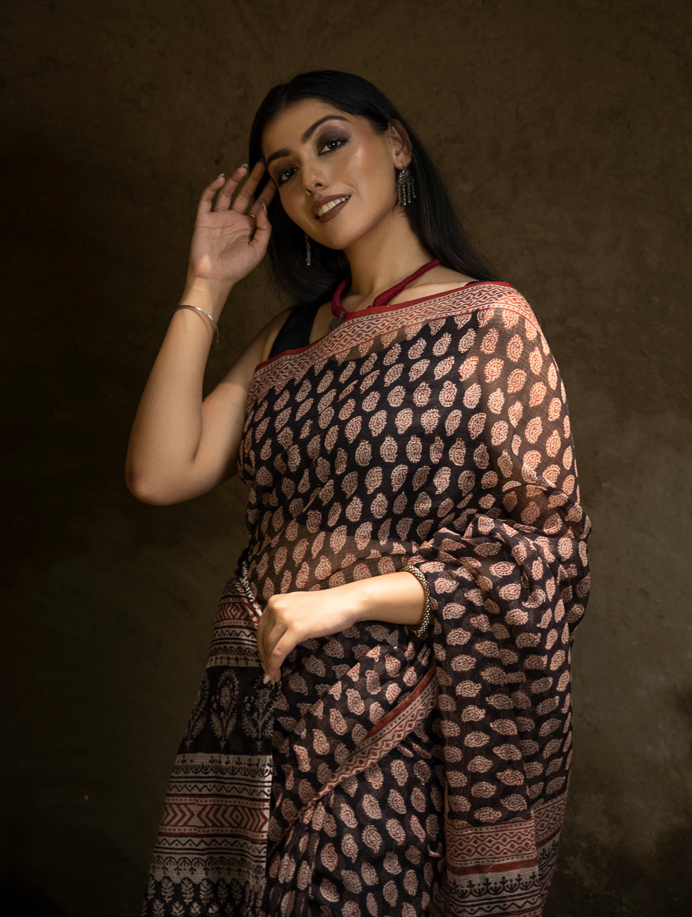 Classic Appeal. Bagru Hand Block Printed Kota Doria Saree - Black Ornate