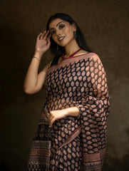 Classic Appeal. Bagru Hand Block Printed Kota Doria Saree - Black Ornate