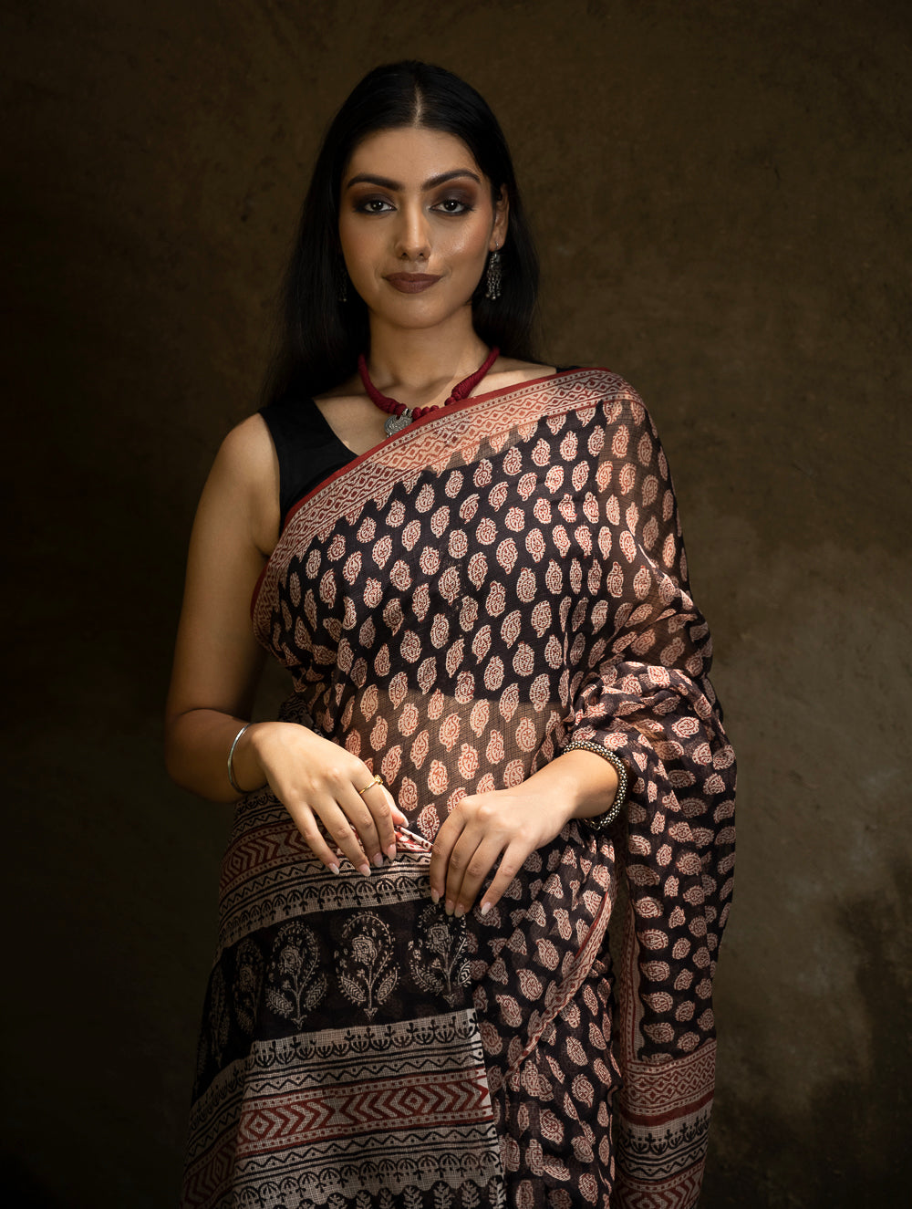 Classic Appeal. Bagru Hand Block Printed Kota Doria Saree - Black Ornate