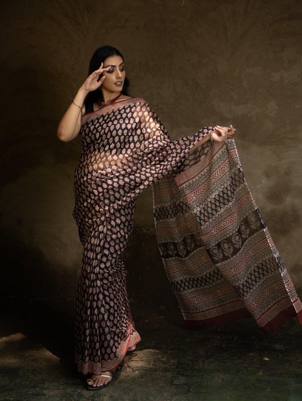 Classic Appeal. Bagru Hand Block Printed Kota Doria Saree - Black Ornate