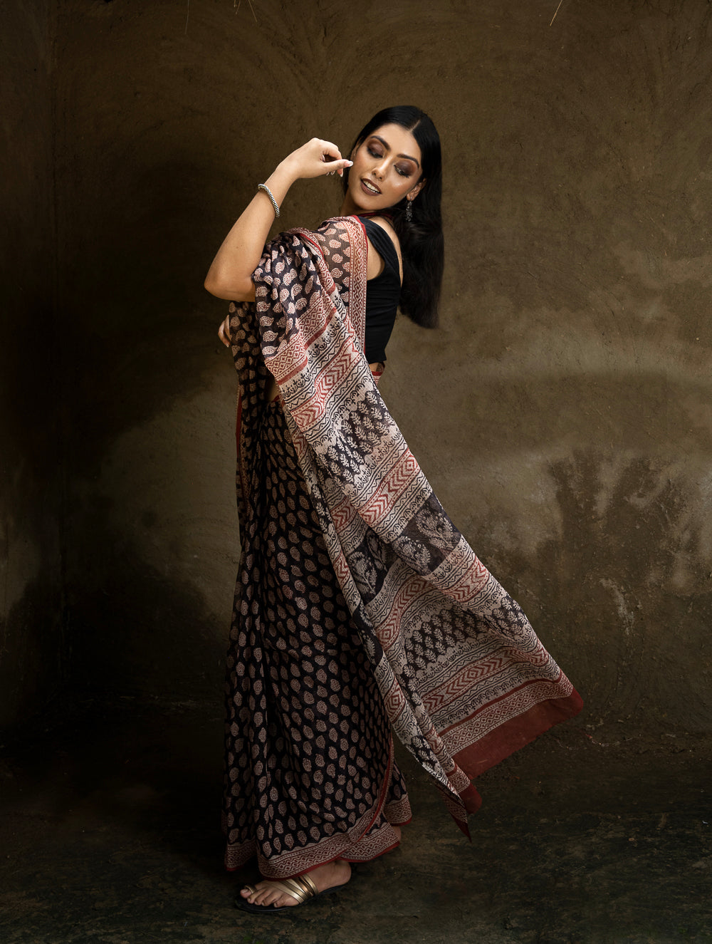 Classic Appeal. Bagru Hand Block Printed Kota Doria Saree - Black Ornate