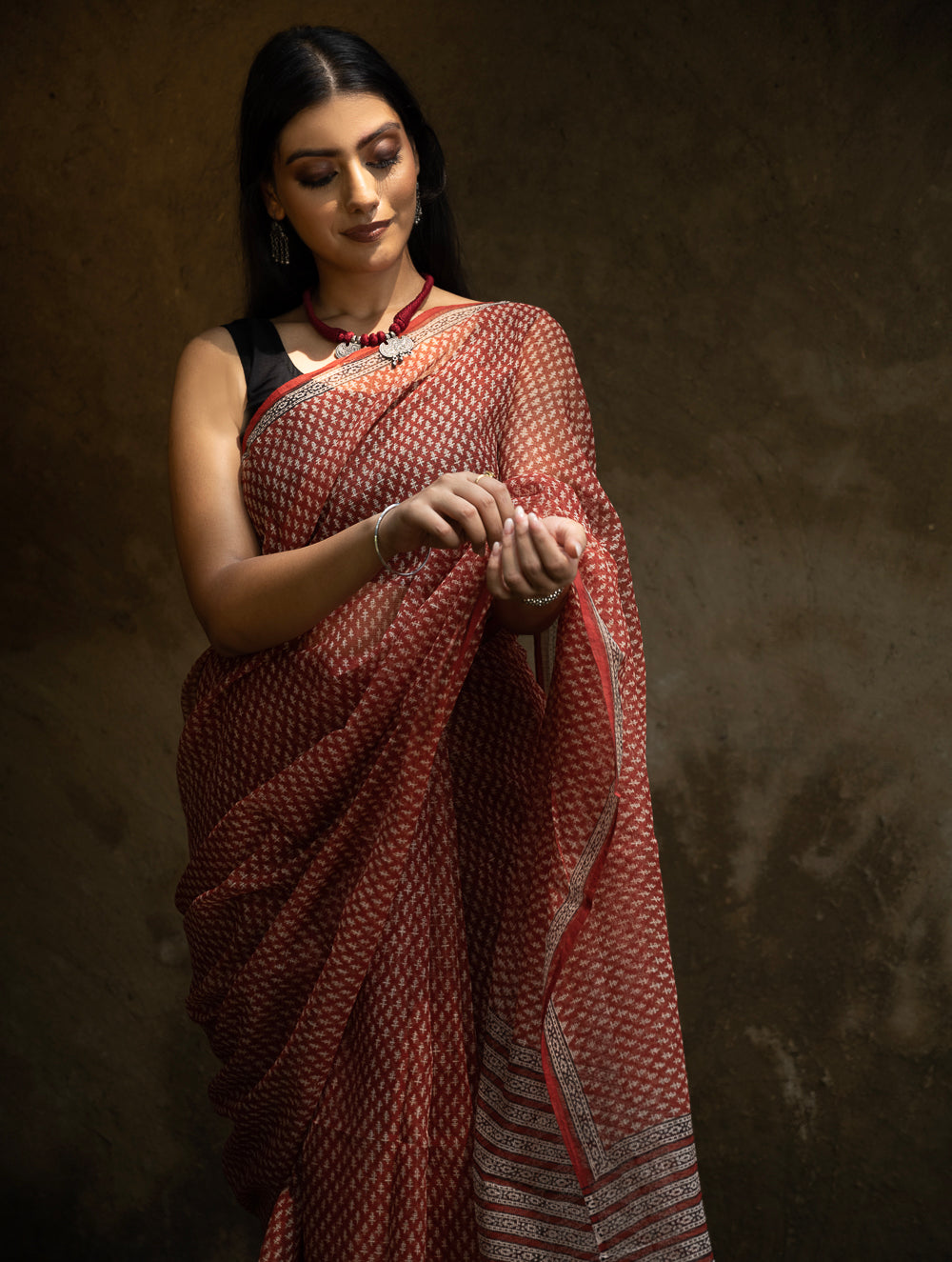Classic Appeal. Bagru Hand Block Printed Kota Doria Saree - Florets