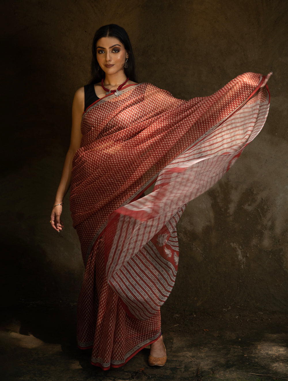 Classic Appeal. Bagru Hand Block Printed Kota Doria Saree - Florets
