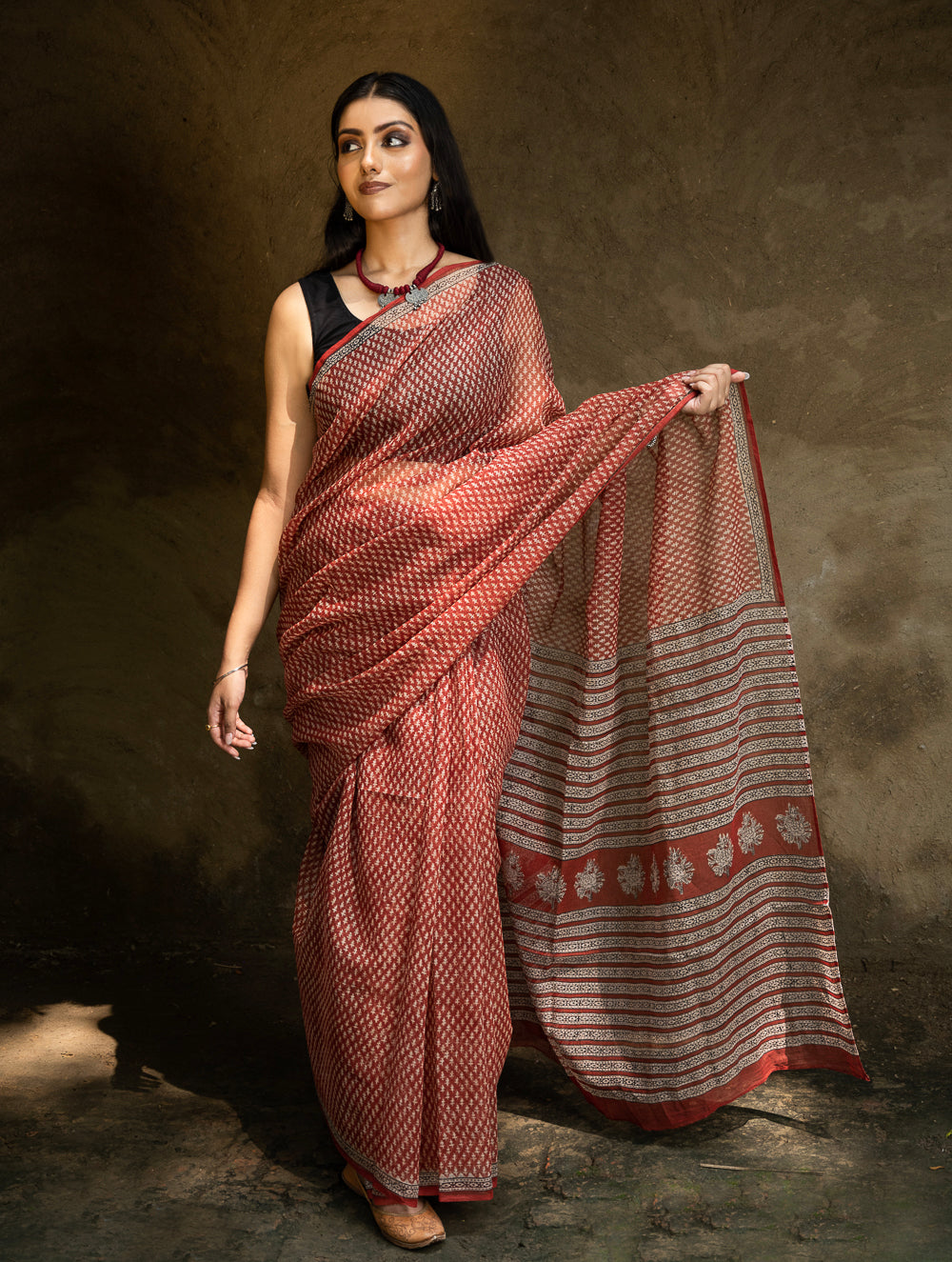 Classic Appeal. Bagru Hand Block Printed Kota Doria Saree - Florets
