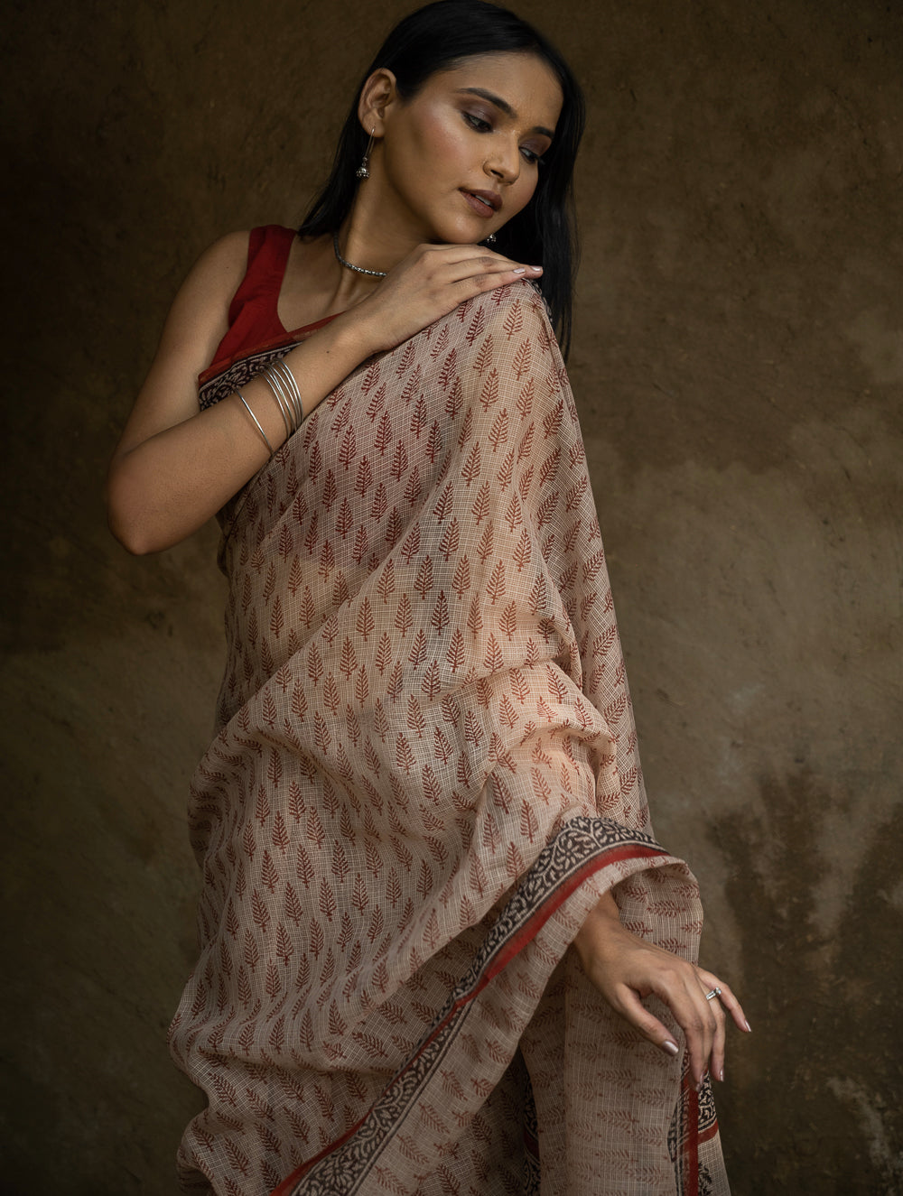 Classic Appeal. Bagru Hand Block Printed Kota Doria Saree - Red Leaf