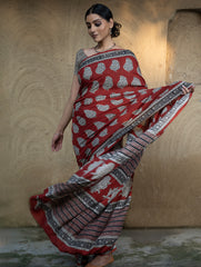 Classic Appeal. Bagru Hand Block Printed Modal Silk Saree - Red Paisleys