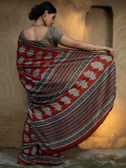 Classic Appeal. Bagru Hand Block Printed Modal Silk Saree - Red Paisleys