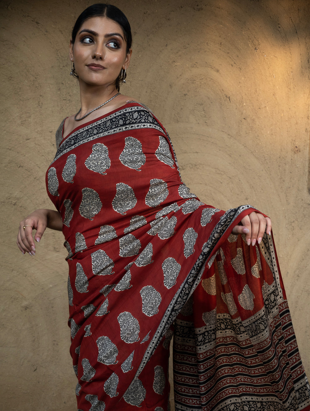 Load image into Gallery viewer, Classic Appeal. Bagru Hand Block Printed Modal Silk Saree - Red Paisleys