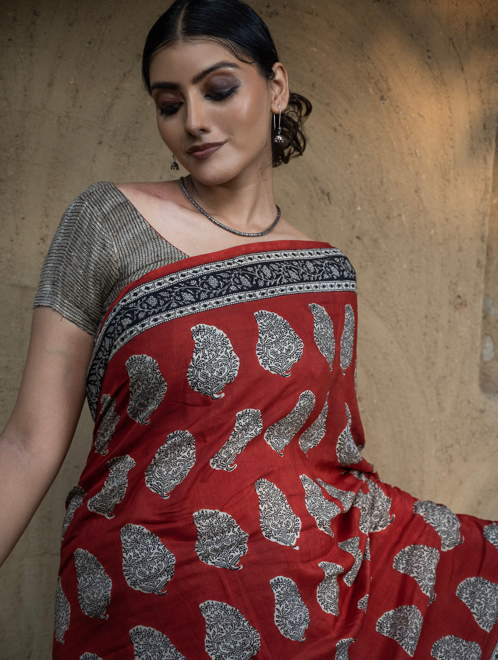 Classic Appeal. Bagru Hand Block Printed Modal Silk Saree - Red Paisleys